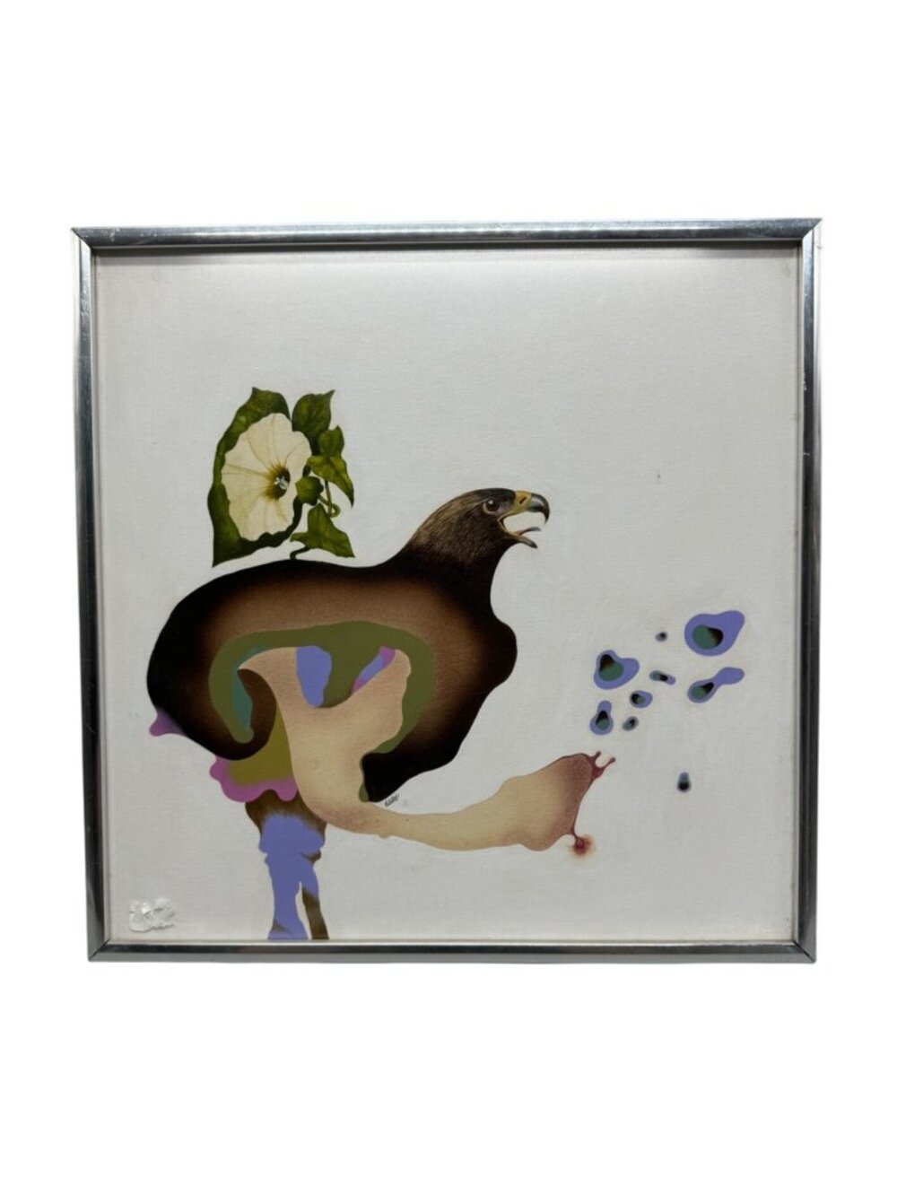 Vtg Abstract Eagle Art Print Elston floral square 12" white brown metal frame